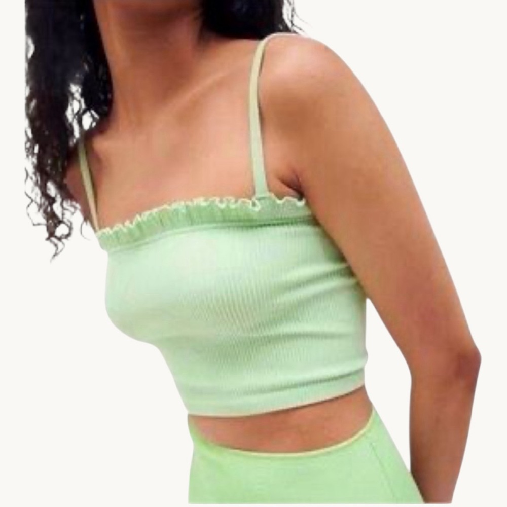 Zara Green Ruffle Ribbed Knit Spaghetti Strap Square Neck Crop Top S